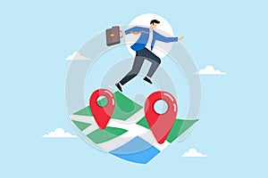 Businessman jumps from one map navigation pin to new one, illustrating business relocation