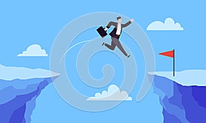 Businessman jumps over the abyss across the cliff flat style design vector illustration.