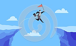 Businessman jumps over the abyss across the cliff flat style design vector illustration.