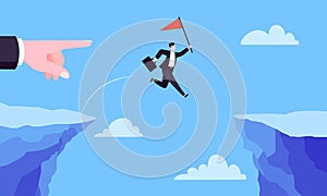 Businessman jumps over the abyss across the cliff flat style design vector illustration.