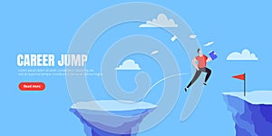 Businessman jumps over the abyss across the cliff flat style design vector illustration.