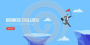 Businessman jumps over the abyss across the cliff flat style design vector illustration.