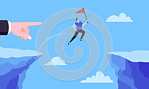 Businessman jumps over the abyss across the cliff flat style design vector illustration.