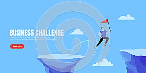 Businessman jumps over the abyss across the cliff flat style design vector illustration.