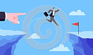 Businessman jumps over the abyss across the cliff flat style design vector illustration.