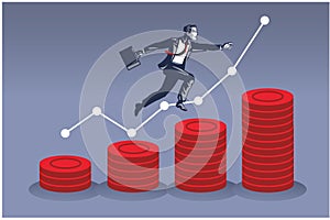 Businessman Jumps Among Pile of Coins with Graphic Lines Behind