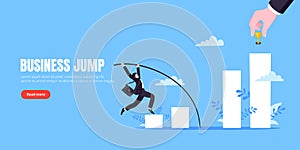 Businessman jumps pole vault over graph bars flat style design vector illustration