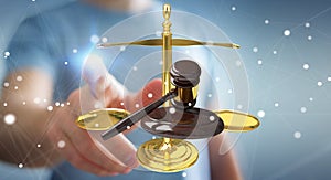 Businessman with justice hammer and weighing scales 3D rendering