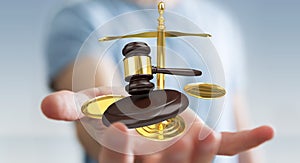 Businessman with justice hammer and weighing scales 3D rendering