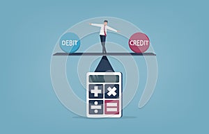Businessman keeping balance between debit and credit on the seesaw concept, vector illustration