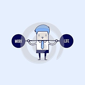 Businessman keeping balance between work and life. Cartoon character thin line style vector.