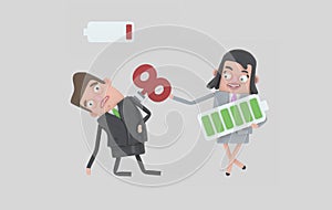 Businessman with key winder on her back and businesswoman with high full level battery. Isolated. 3d illustration.
