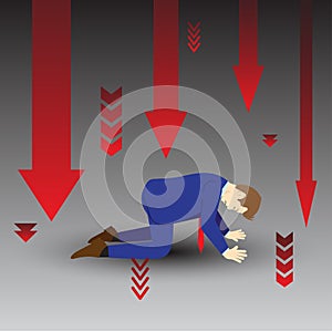 Businessman Kneeling Among Downward Arrows