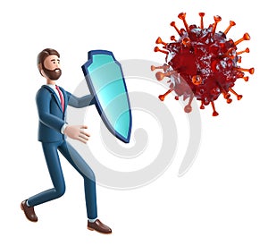 Businessman with knight shield protecting from Coronavirus bacteria. 3D illustration of cartoon fighting man isolated on white