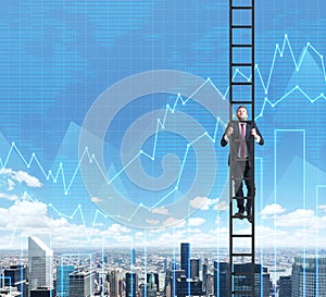 A businessman in a ladder is climbing up to the success in his career in finance.