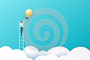 Businessman on a ladder reaching light bulb above cloud on blue sky background.Business concept.Paper art vector illustration