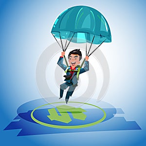 Businessman landing on a money icon target with parachute, business success cocncept. character design - vector