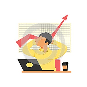 Businessman with a laptop and a cup of coffee with happy feeling for bullish market trend or increasing sales flat style design