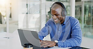 Businessman, laptop and headset by listening to music, podcast or radio for wellness while working. Black person