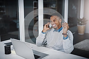 Businessman, laptop and laughing with phone call for communication, humor or comedy at office. Black man, accountant or