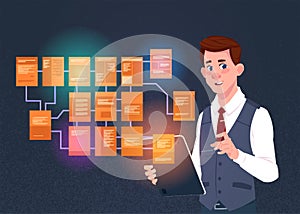 Businessman with laptop over site map suitable for info graphics, websites and print media and interfaces on dark