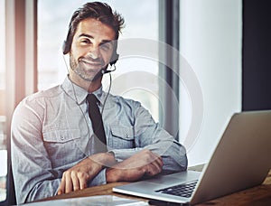 Businessman, laptop and portrait smile in call center, customer support or financial advice at office. Friendly man