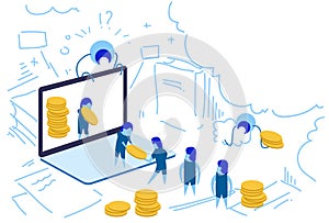 Businessman laptop screen transfer money coins stack online payment teamwork process growth wealth concept sketch doodle