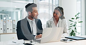 Businessman, laptop and team in finance discussion, project planning or schedule at office. Asian man and business woman