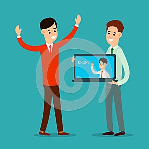 Businessman with laptop. Technology communication concept. Network office workplace. Creative people work in internet. Online