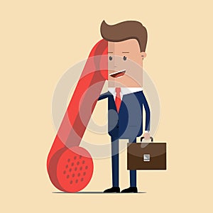 Businessman with large old red handset. Contact or call us, customer support, call center design. Vector illustration