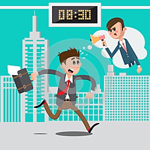 Businessman Late for Work. Angry Boss Screaming in Megaphone.