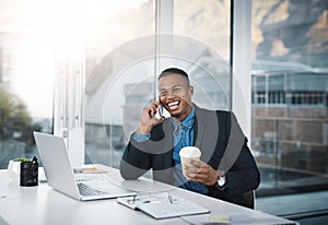 Businessman, laughing and phone call with coffee for funny joke, discussion or communication at office. Happy black man