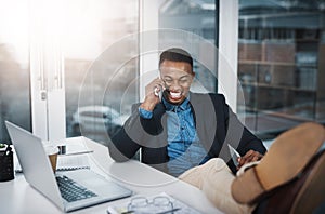 Businessman, laughing and relax with phone call for funny joke, discussion or communication at office. Happy black man