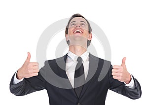 Businessman laughing and showing thumbs up
