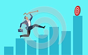 Businessman leader holding arrow running on business graph to the target to win in business strategy. man aims at achieving