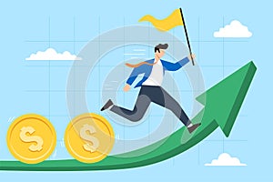 Businessman leader running on upward graph with flag and coins in flat design