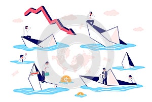 Businessman in sinking paper boat set, vector flat illustration