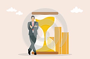 Businessman leaning on hourglass, time money concept, vector illustration