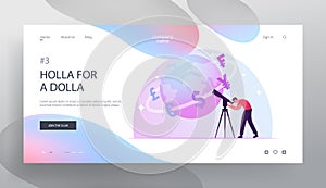 Businessman Learn Worldwide Economics and Exchange Rate Website Landing Page. Man Looking in Telescope on Earth