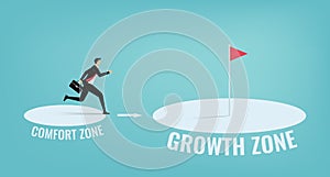 Businessman leaves comfort zone. Personal development, motivation and challenge vector illustration concept