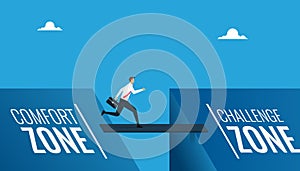 Businessman leaves comfort zone. Personal development, motivation and challenge vector illustration concept