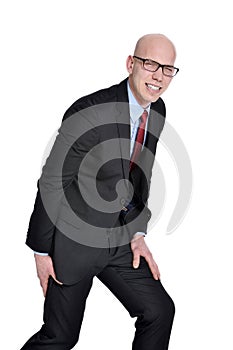 Businessman with leg pain or cramps