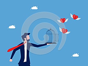 Businessman let his heart fly out of the cage. emancipation and freedom of mind