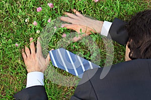 Businessman lies prone on grass, top view