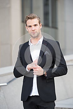 Businessman lifestyle. Fashionable young successful businessman. Businessman handsome attractive office worker confident