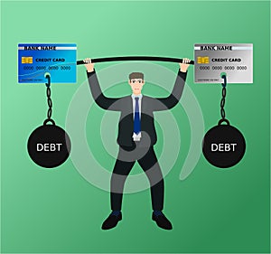 Businessman lift barbell credit card debt with difficulty