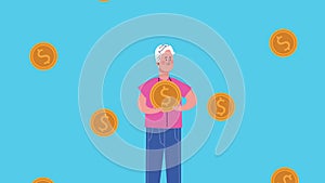 Businessman lifting coins dollars character animated