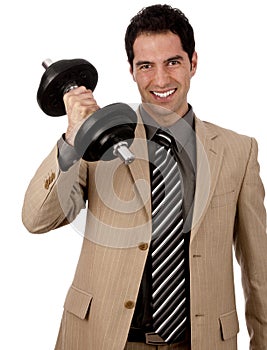 Businessman lifting a dumbbell