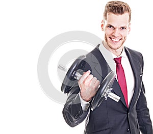 Businessman lifting a dumbbell