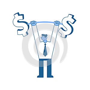 Businessman Lifting Up Barbell with Dollar Sign. Business character, symbol of success and self-confidence. Concept